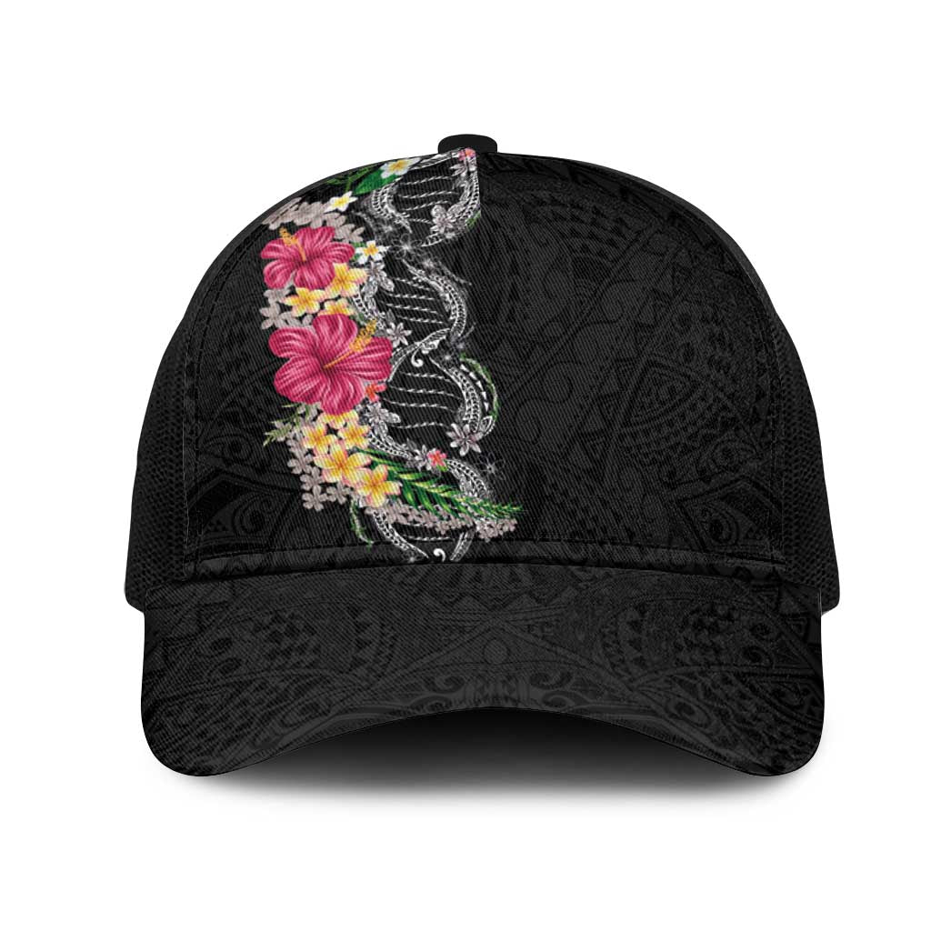 Hawaii DNA Kakau Tattoo Mesh Trucker Cap with Plumeria and Hibiscus Tropical Plants Black Color LT03 One Size Black Black - Polynesian Pride