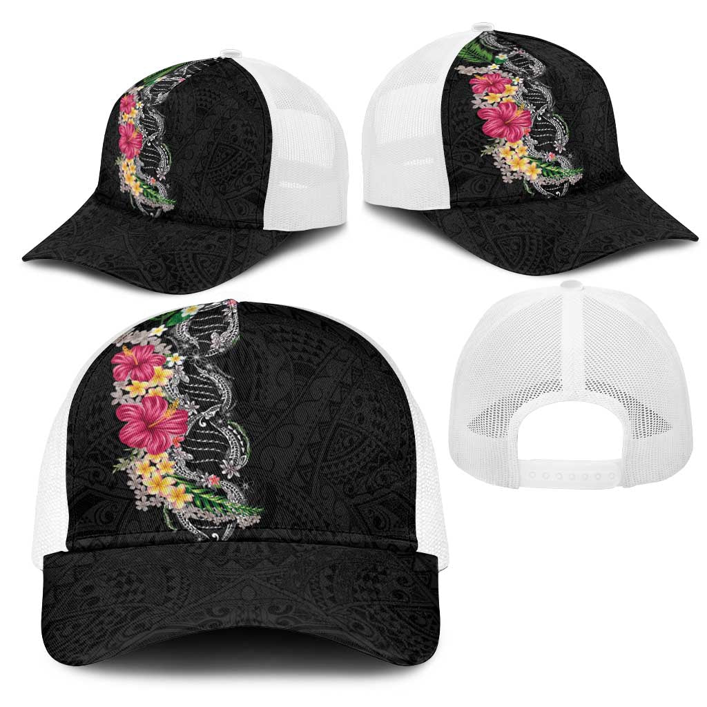 Hawaii DNA Kakau Tattoo Mesh Trucker Cap with Plumeria and Hibiscus Tropical Plants Black Color LT03 - Polynesian Pride