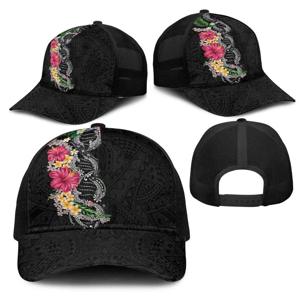 Hawaii DNA Kakau Tattoo Mesh Trucker Cap with Plumeria and Hibiscus Tropical Plants Black Color LT03 - Polynesian Pride