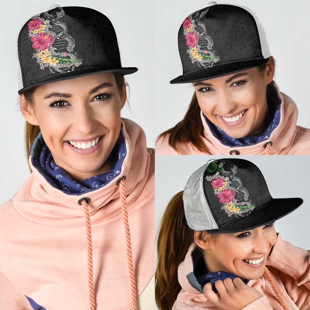Hawaii DNA Kakau Tattoo Mesh Trucker Cap with Plumeria and Hibiscus Tropical Plants Black Color LT03 - Polynesian Pride