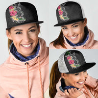 Hawaii DNA Kakau Tattoo Mesh Trucker Cap with Plumeria and Hibiscus Tropical Plants Black Color LT03 - Polynesian Pride