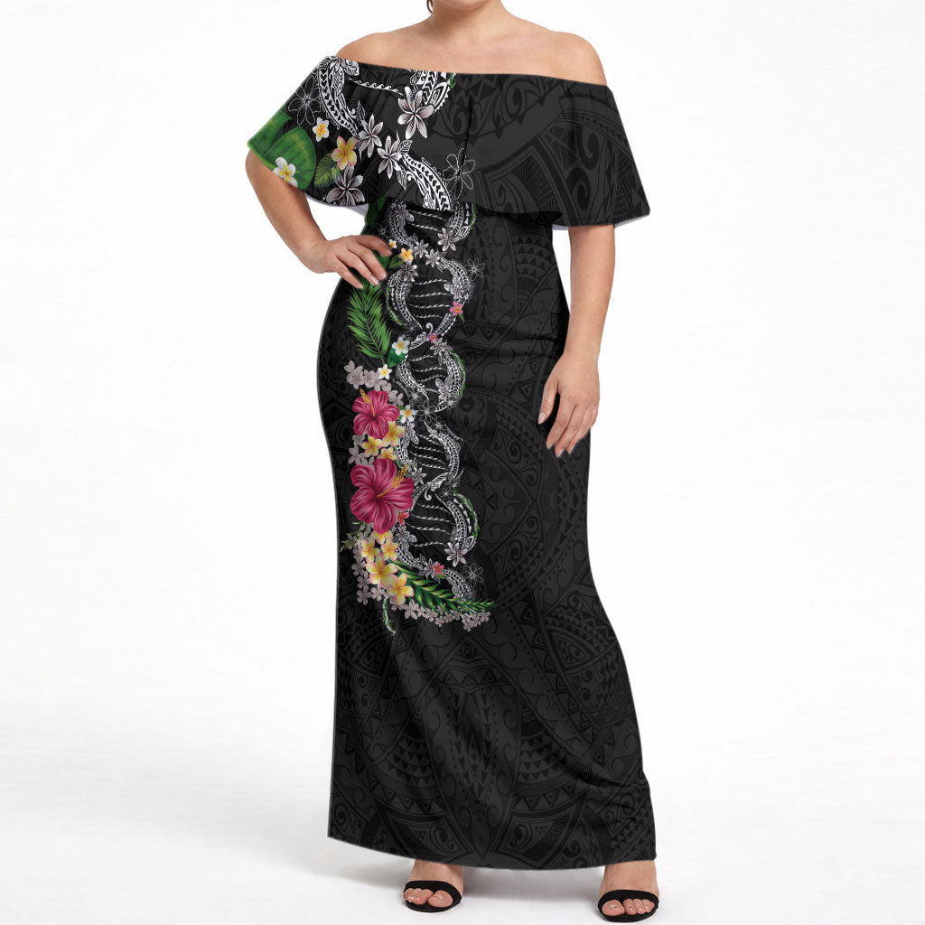 Hawaii DNA Kakau Tattoo Off Shoulder Maxi Dress with Plumeria and Hibiscus Tropical Plants Black Color LT03 Women Black - Polynesian Pride