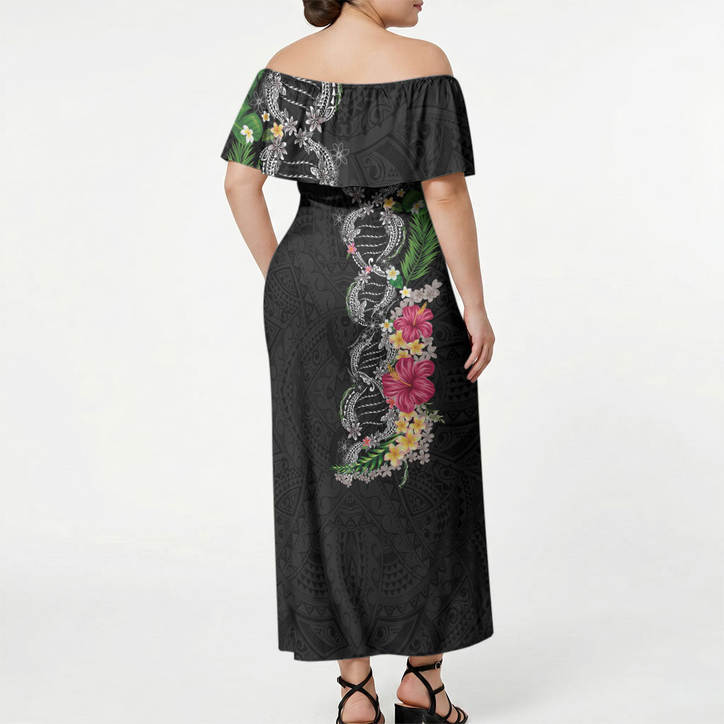 Hawaii DNA Kakau Tattoo Off Shoulder Maxi Dress with Plumeria and Hibiscus Tropical Plants Black Color LT03 - Polynesian Pride