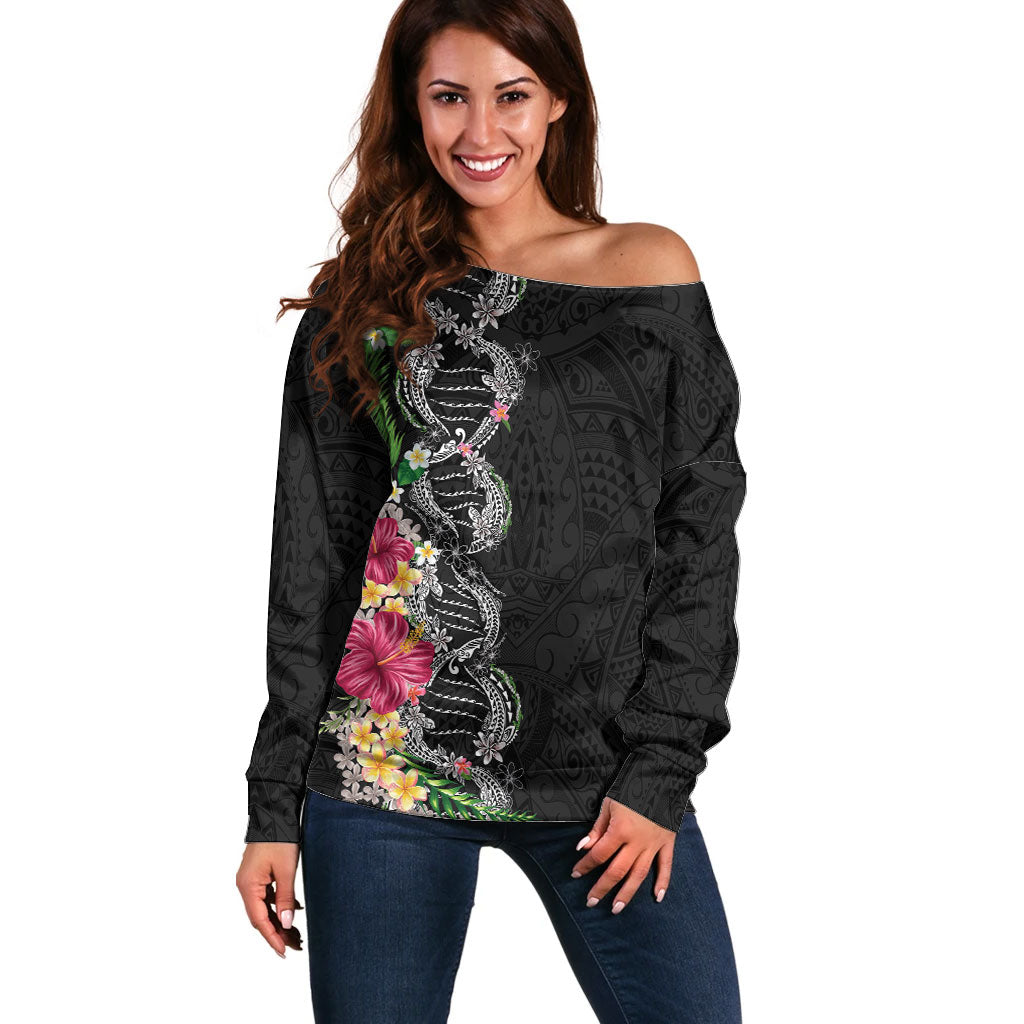 Hawaii DNA Kakau Tattoo Off Shoulder Sweater with Plumeria and Hibiscus Tropical Plants Black Color LT03 Women Black - Polynesian Pride