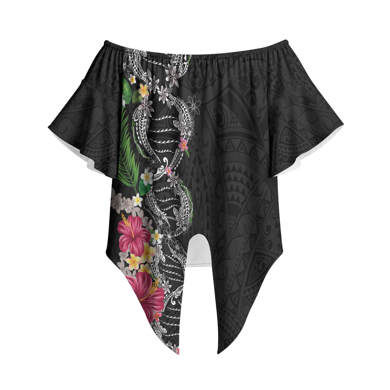 Hawaii DNA Kakau Tattoo Off Shoulder Wrap Waist Top with Plumeria and Hibiscus Tropical Plants Black Color LT03 Black - Polynesian Pride