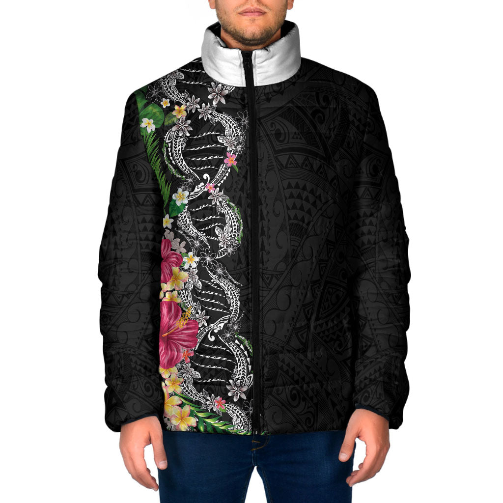 Hawaii DNA Kakau Tattoo Padded Jacket with Plumeria and Hibiscus Tropical Plants Black Color