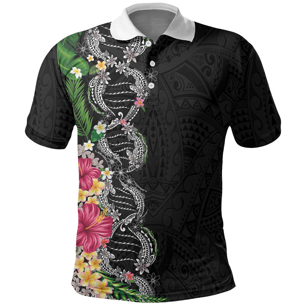 Hawaii DNA Kakau Tattoo Polo Shirt with Plumeria and Hibiscus Tropical Plants Black Color LT03 Black - Polynesian Pride