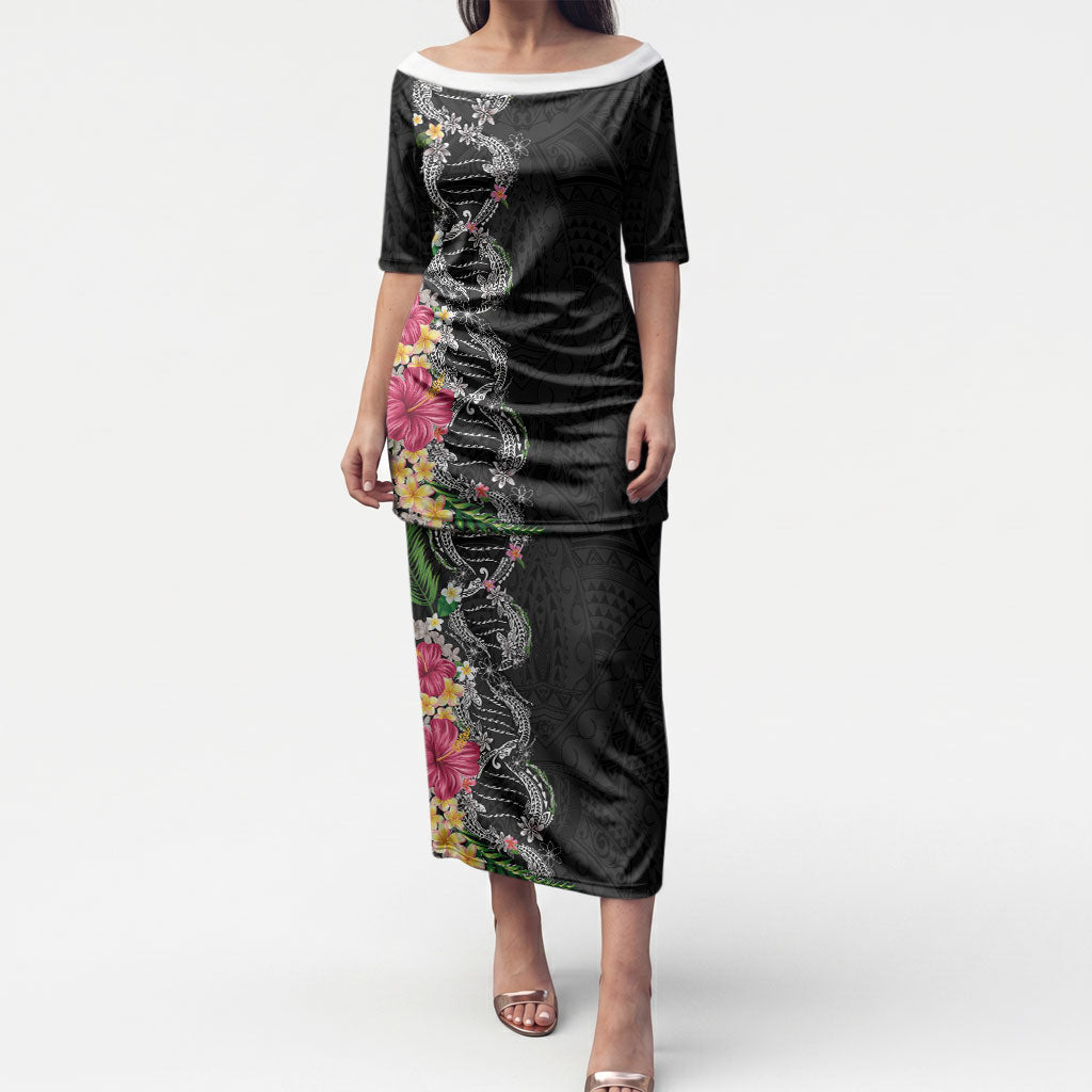 Hawaii DNA Kakau Tattoo Puletasi with Plumeria and Hibiscus Tropical Plants Black Color LT03 Long Dress Black - Polynesian Pride