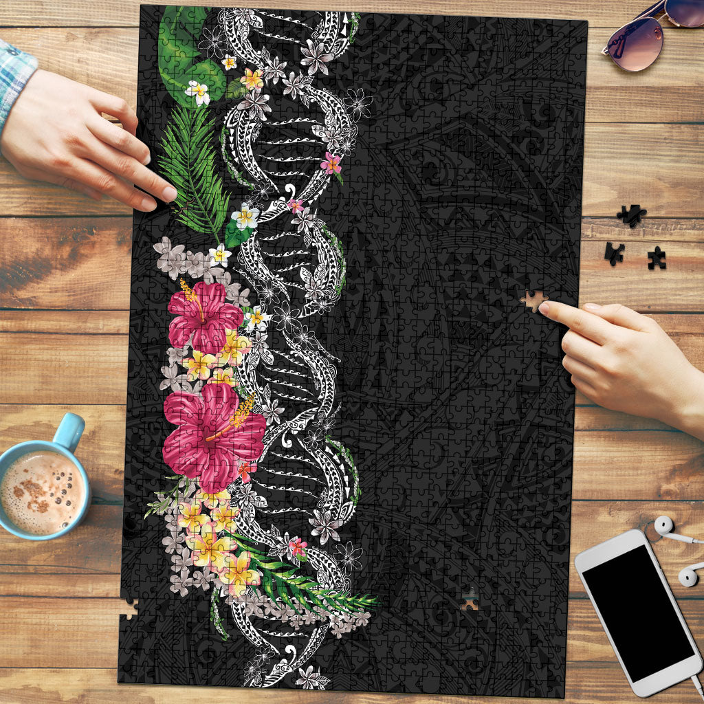 Hawaii DNA Kakau Tattoo Puzzle with Plumeria and Hibiscus Tropical Plants Black Color LT03 Black - Polynesian Pride