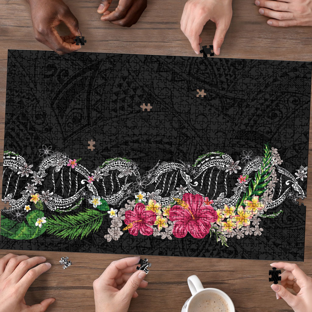Hawaii DNA Kakau Tattoo Puzzle with Plumeria and Hibiscus Tropical Plants Black Color LT03 - Polynesian Pride