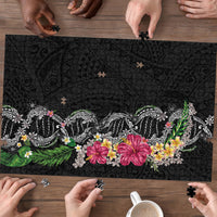 Hawaii DNA Kakau Tattoo Puzzle with Plumeria and Hibiscus Tropical Plants Black Color LT03 - Polynesian Pride