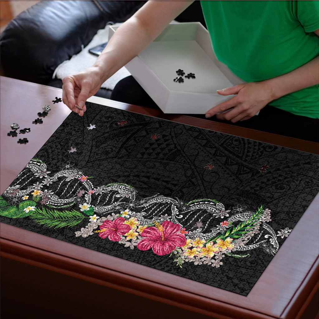 Hawaii DNA Kakau Tattoo Puzzle with Plumeria and Hibiscus Tropical Plants Black Color LT03 - Polynesian Pride