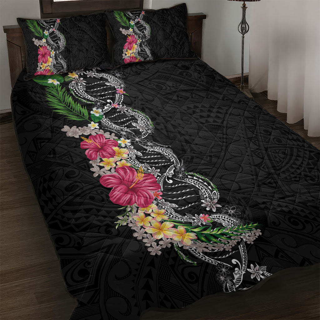Hawaii DNA Kakau Tattoo Quilt Bed Set with Plumeria and Hibiscus Tropical Plants Black Color LT03 Black - Polynesian Pride