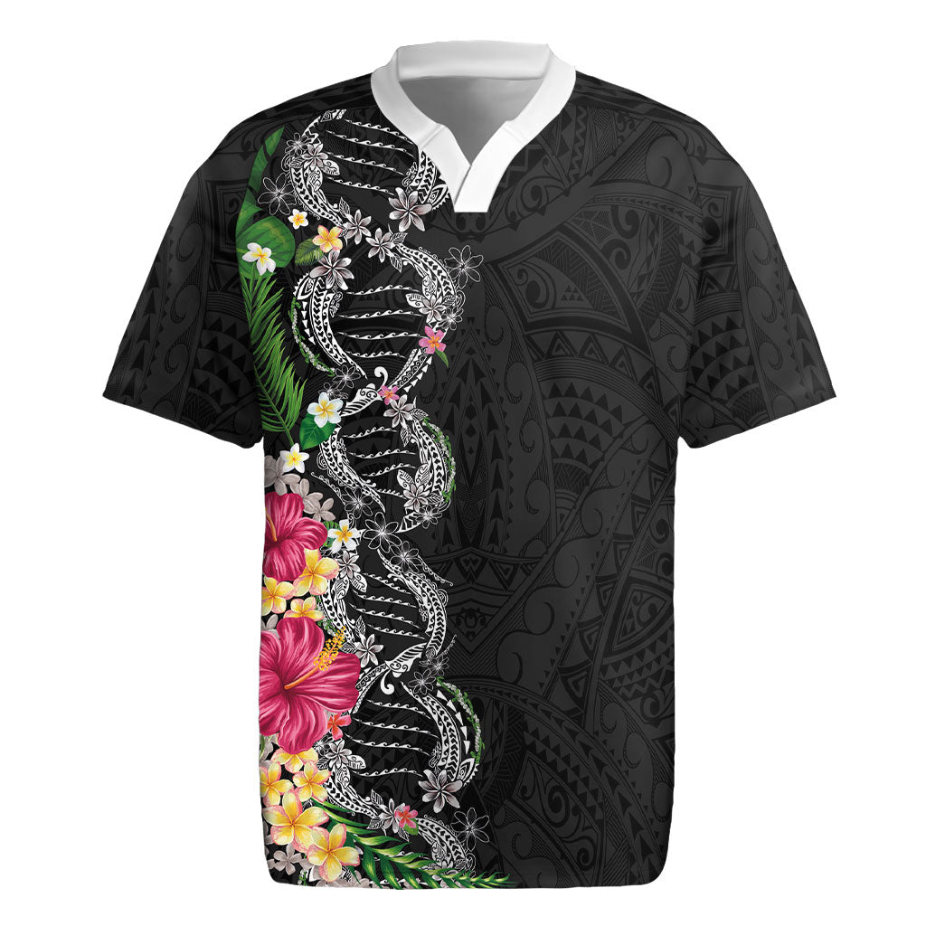 Hawaii DNA Kakau Tattoo Rugby Jersey with Plumeria and Hibiscus Tropical Plants Black Color LT03 Black - Polynesian Pride