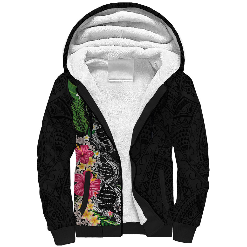 Hawaii DNA Kakau Tattoo Sherpa Hoodie with Plumeria and Hibiscus Tropical Plants Black Color LT03 Unisex Black - Polynesian Pride