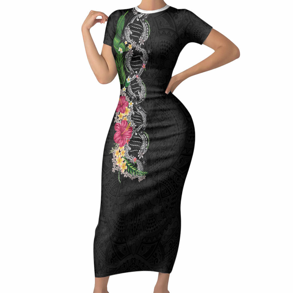 Hawaii DNA Kakau Tattoo Short Sleeve Bodycon Dress with Plumeria and Hibiscus Tropical Plants Black Color LT03 Long Dress Black - Polynesian Pride
