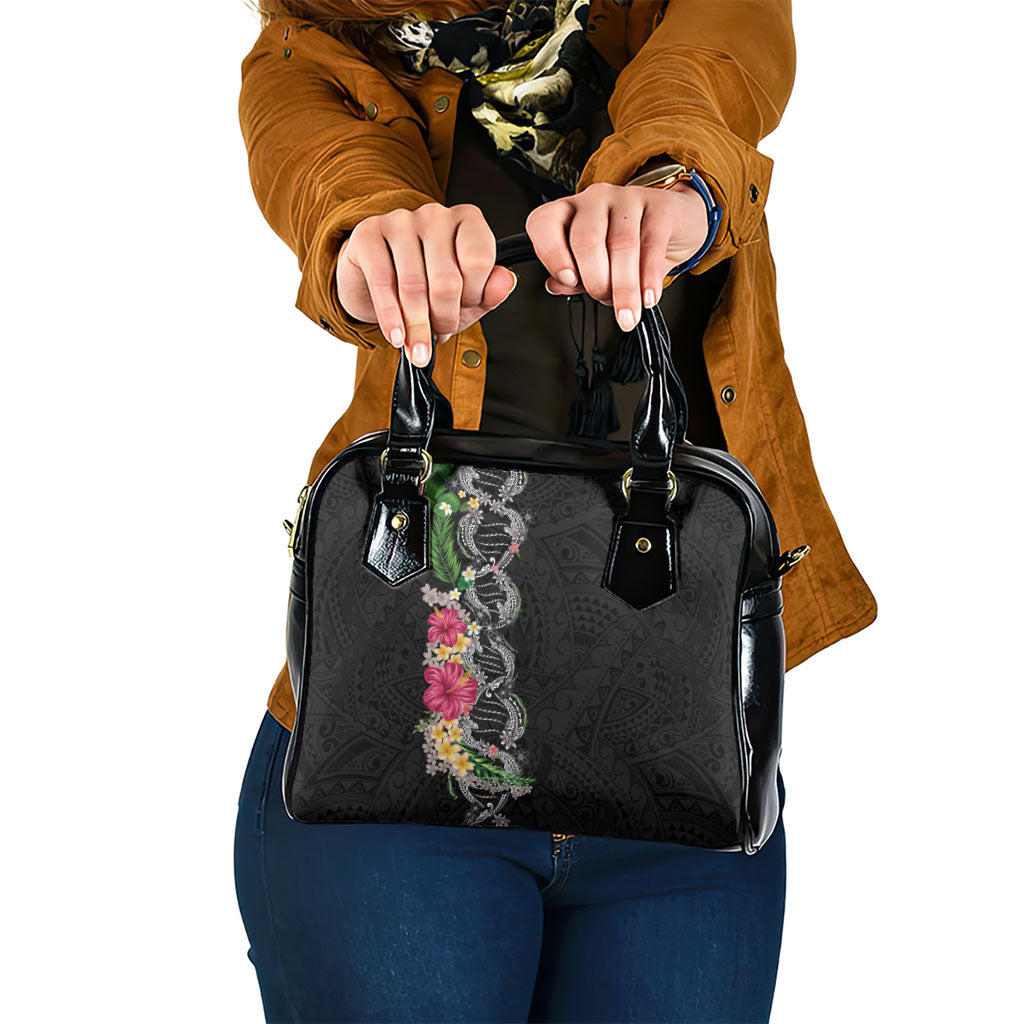 Hawaii DNA Kakau Tattoo Shoulder Handbag with Plumeria and Hibiscus Tropical Plants Black Color LT03 One Size Black - Polynesian Pride