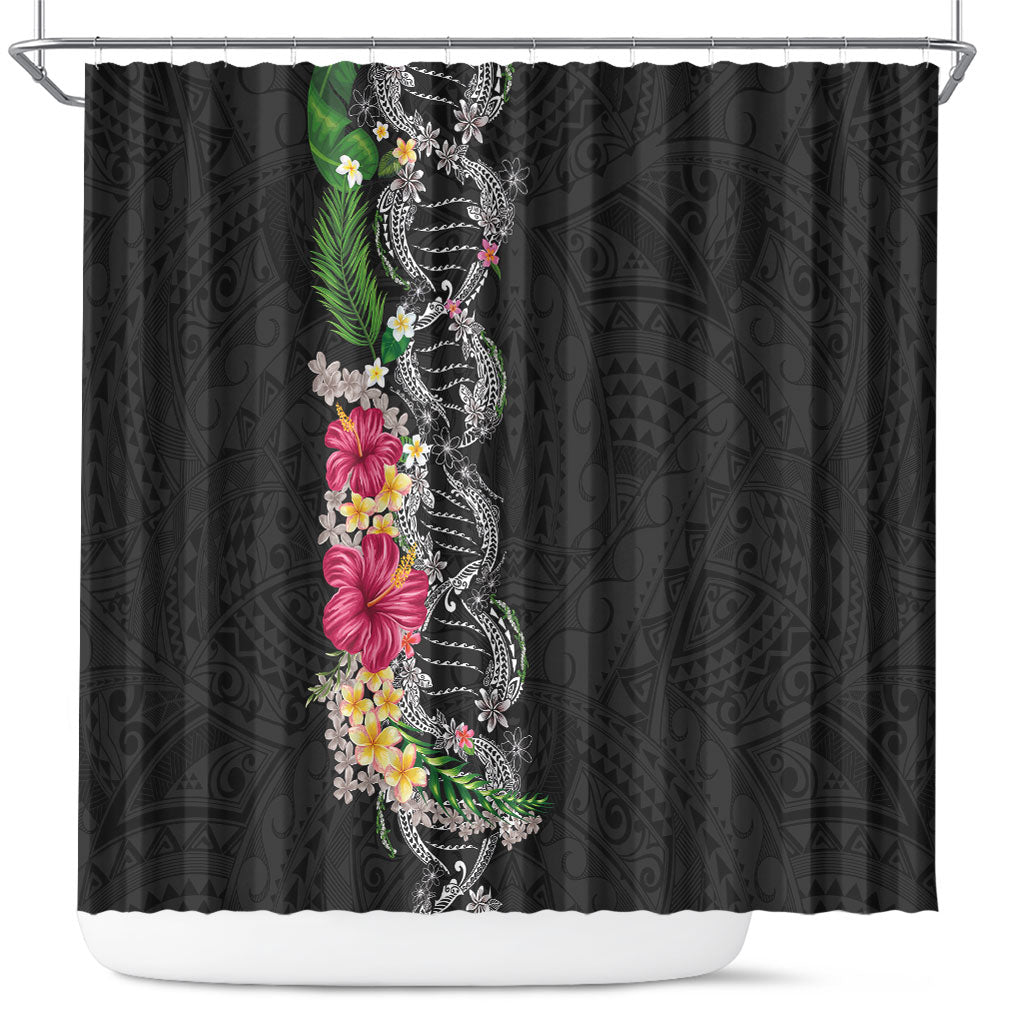 Hawaii DNA Kakau Tattoo Shower Curtain with Plumeria and Hibiscus Tropical Plants Black Color LT03 Black - Polynesian Pride