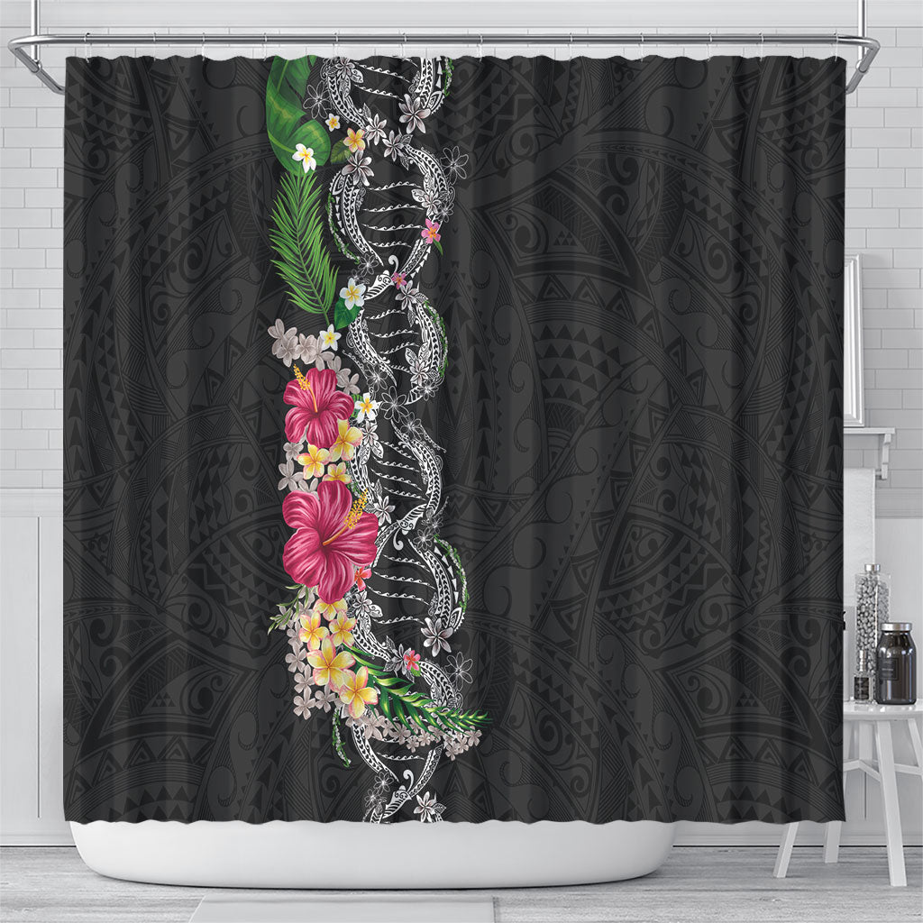 Hawaii DNA Kakau Tattoo Shower Curtain with Plumeria and Hibiscus Tropical Plants Black Color LT03 - Polynesian Pride