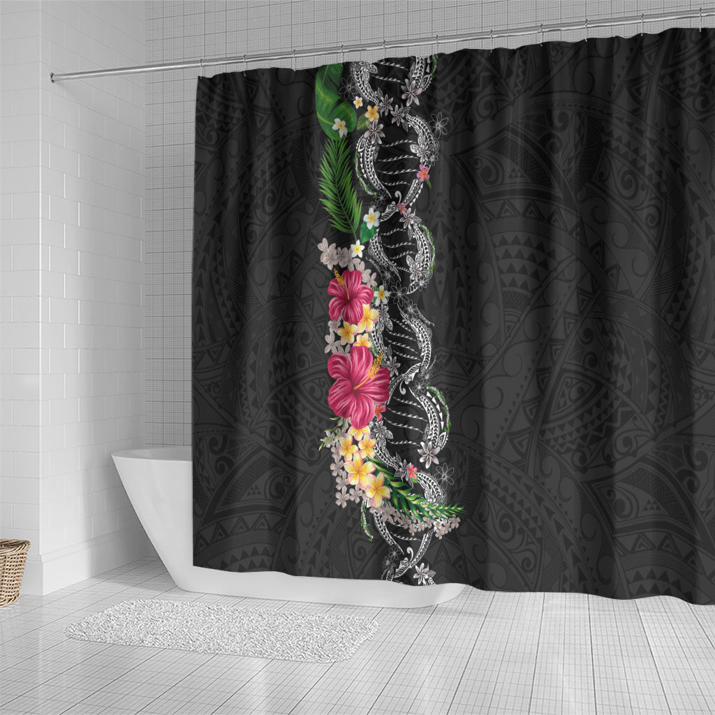 Hawaii DNA Kakau Tattoo Shower Curtain with Plumeria and Hibiscus Tropical Plants Black Color LT03 - Polynesian Pride