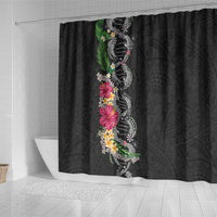 Hawaii DNA Kakau Tattoo Shower Curtain with Plumeria and Hibiscus Tropical Plants Black Color LT03 - Polynesian Pride