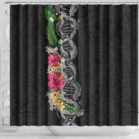 Hawaii DNA Kakau Tattoo Shower Curtain with Plumeria and Hibiscus Tropical Plants Black Color LT03 - Polynesian Pride