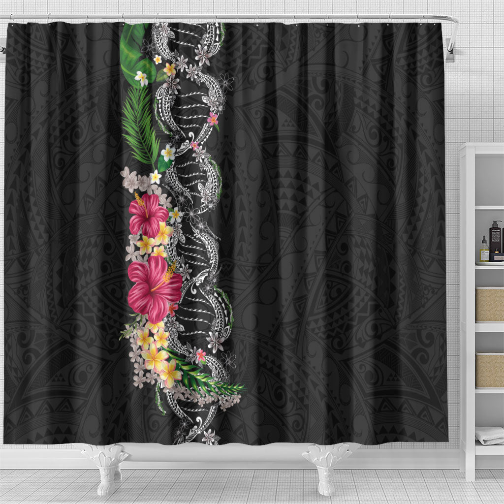Hawaii DNA Kakau Tattoo Shower Curtain with Plumeria and Hibiscus Tropical Plants Black Color LT03 - Polynesian Pride