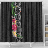 Hawaii DNA Kakau Tattoo Shower Curtain with Plumeria and Hibiscus Tropical Plants Black Color LT03 - Polynesian Pride