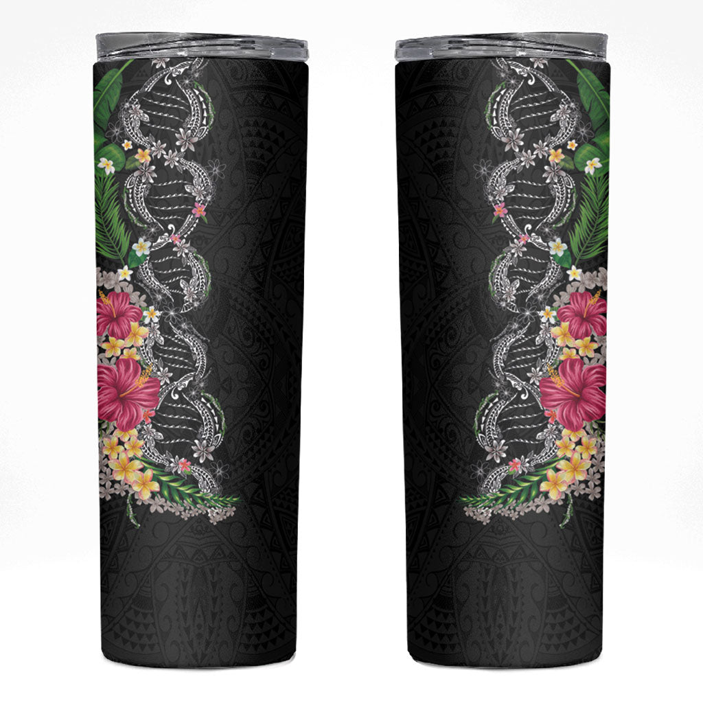 Hawaii DNA Kakau Tattoo Skinny Tumbler with Plumeria and Hibiscus Tropical Plants Black Color LT03 Black - Polynesian Pride