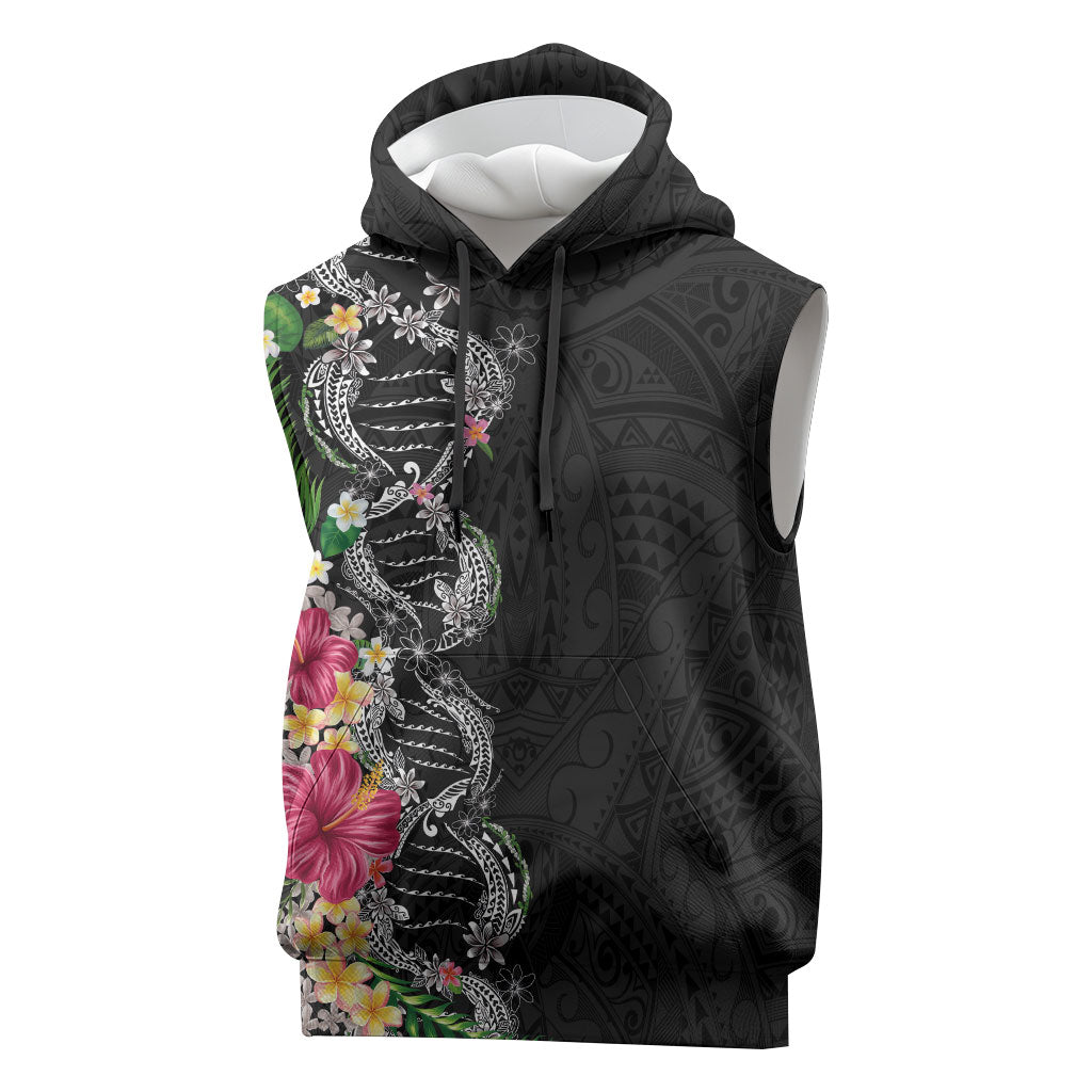 Hawaii DNA Kakau Tattoo Sleeveless Hoodie with Plumeria and Hibiscus Tropical Plants Black Color LT03 Black - Polynesian Pride