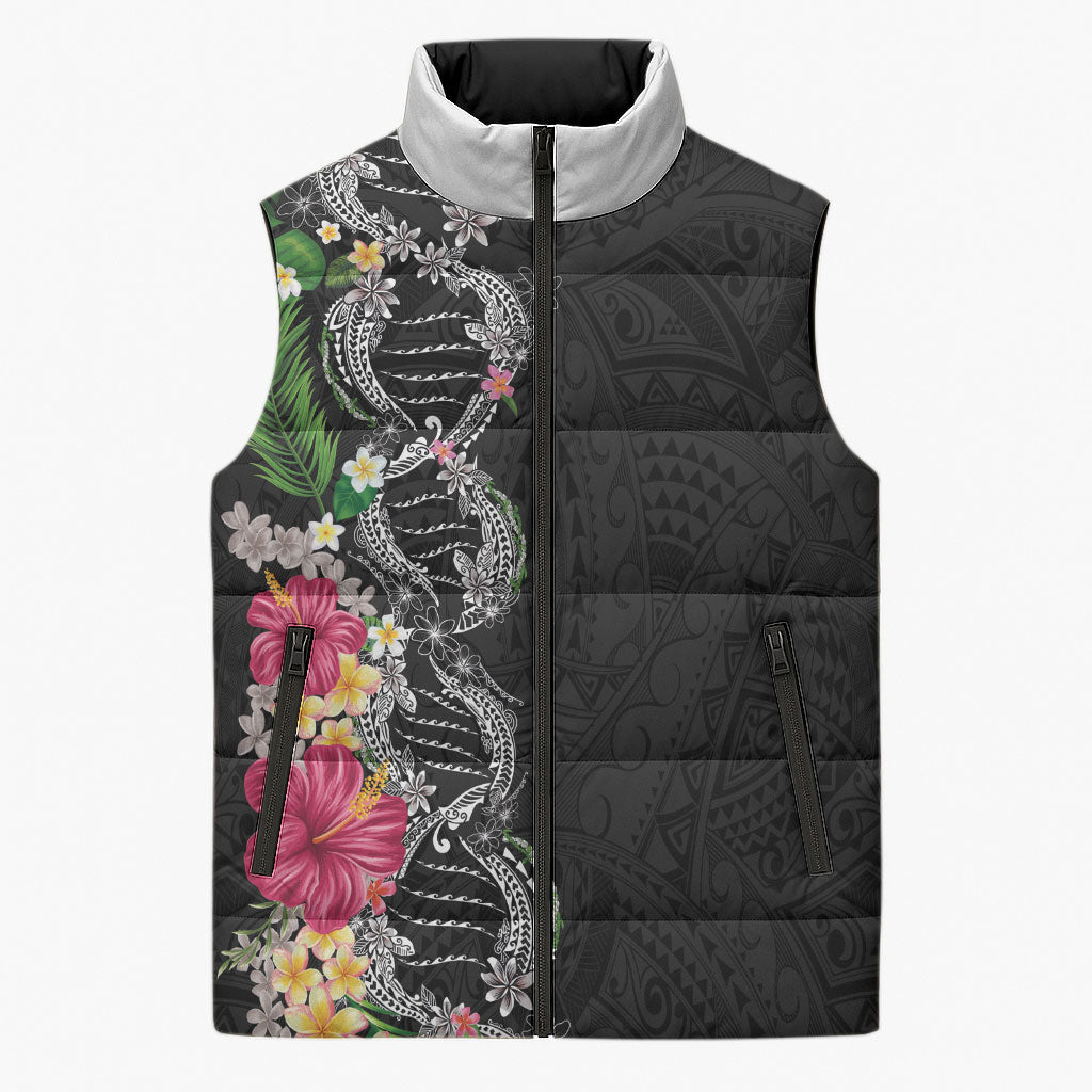 Hawaii DNA Kakau Tattoo Sleeveless Puffer Jacket with Plumeria and Hibiscus Tropical Plants Black Color LT03 Unisex Black - Polynesian Pride