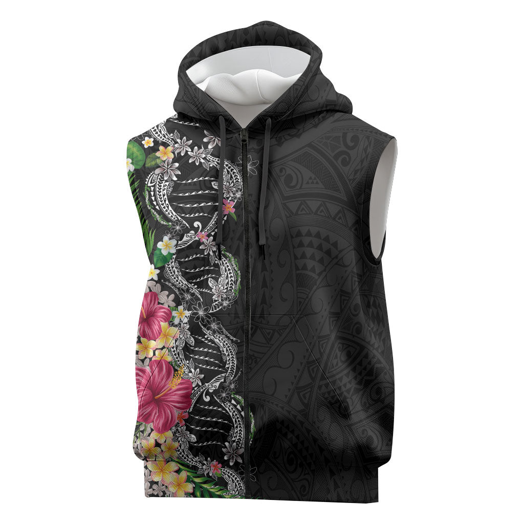 Hawaii DNA Kakau Tattoo Sleeveless Zip Hoodie with Plumeria and Hibiscus Tropical Plants Black Color LT03 Black - Polynesian Pride
