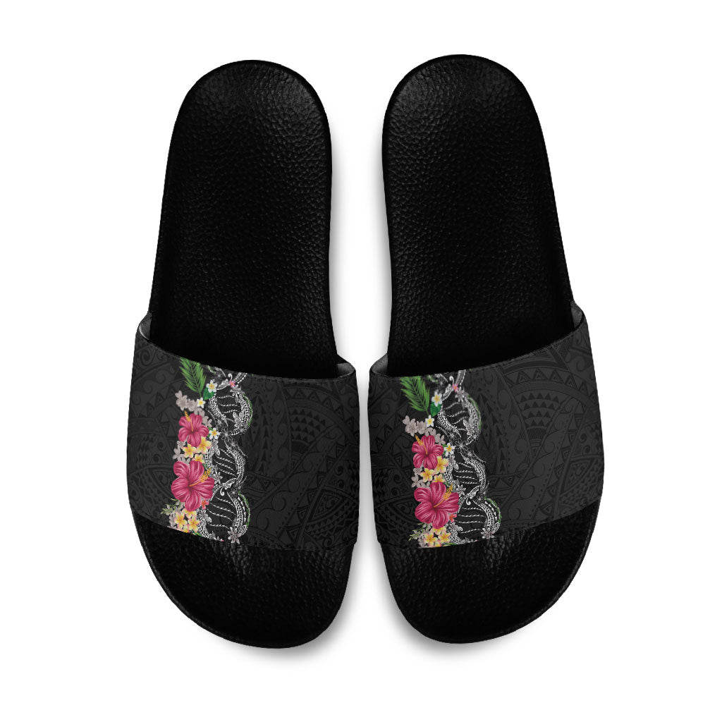 Hawaii DNA Kakau Tattoo Slide Sandals with Plumeria and Hibiscus Tropical Plants Black Color LT03 Black - Polynesian Pride