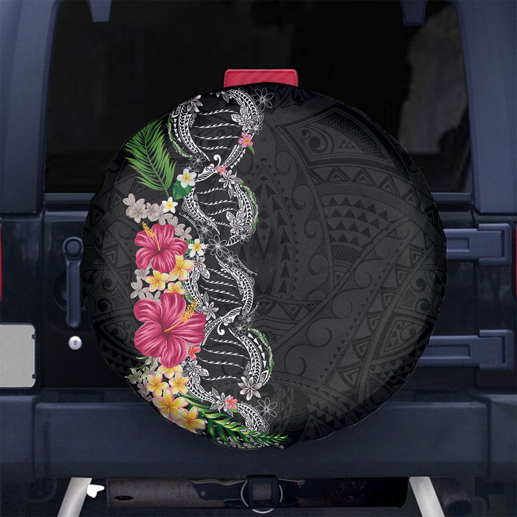 Hawaii DNA Kakau Tattoo Spare Tire Cover with Plumeria and Hibiscus Tropical Plants Black Color LT03 No hole Black - Polynesian Pride