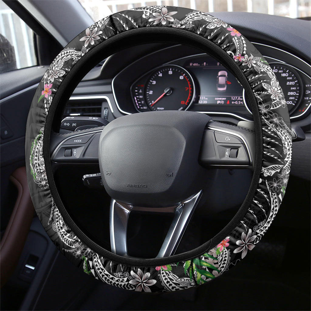Hawaii DNA Kakau Tattoo Steering Wheel Cover with Plumeria and Hibiscus Tropical Plants Black Color LT03 - Polynesian Pride
