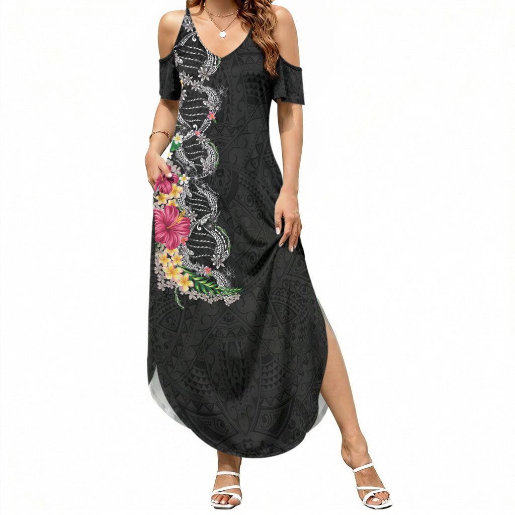 Hawaii DNA Kakau Tattoo Summer Maxi Dress with Plumeria and Hibiscus Tropical Plants Black Color LT03 Women Black - Polynesian Pride