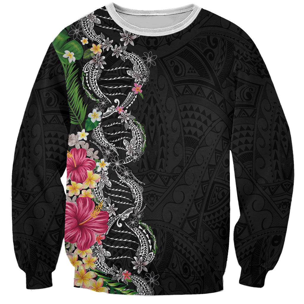 Hawaii DNA Kakau Tattoo Sweatshirt with Plumeria and Hibiscus Tropical Plants Black Color LT03 Unisex Black - Polynesian Pride