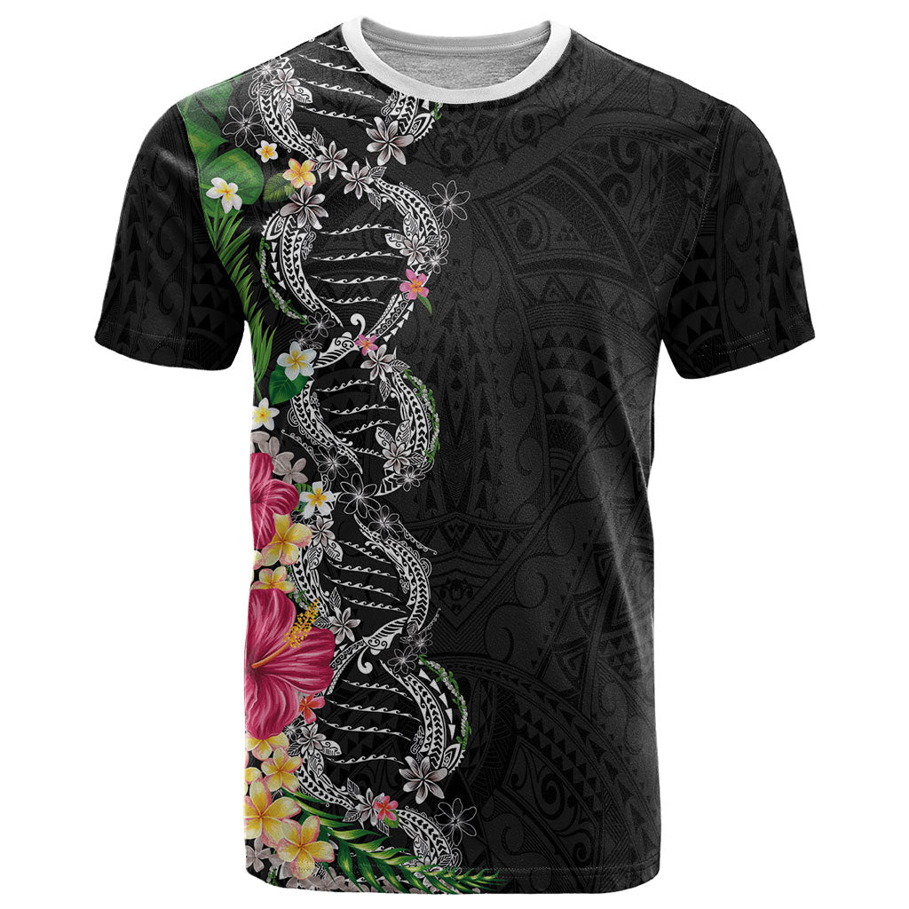 Hawaii DNA Kakau Tattoo T Shirt with Plumeria and Hibiscus Tropical Plants Black Color LT03 Black - Polynesian Pride
