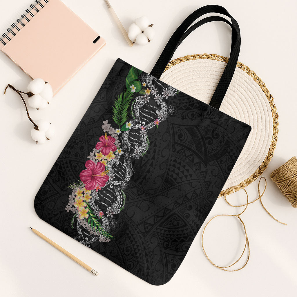 Hawaii DNA Kakau Tattoo Tote Bag with Plumeria and Hibiscus Tropical Plants Black Color LT03 Black Strap One Size Black - Polynesian Pride