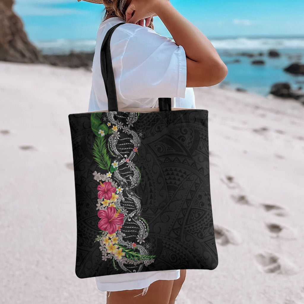 Hawaii DNA Kakau Tattoo Tote Bag with Plumeria and Hibiscus Tropical Plants Black Color LT03 - Polynesian Pride