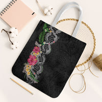 Hawaii DNA Kakau Tattoo Tote Bag with Plumeria and Hibiscus Tropical Plants Black Color LT03 White Strap One Size Black - Polynesian Pride