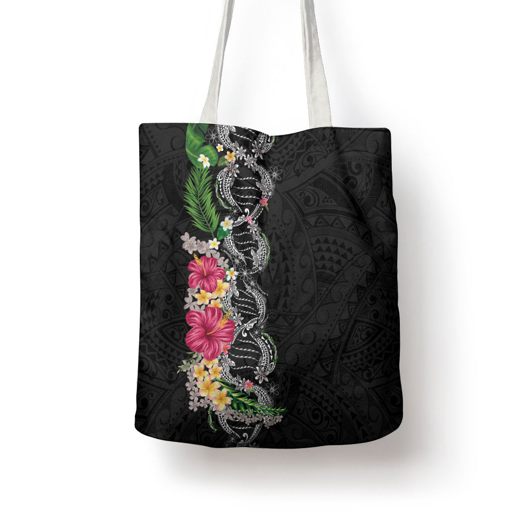 Hawaii DNA Kakau Tattoo Tote Bag with Plumeria and Hibiscus Tropical Plants Black Color LT03 - Polynesian Pride