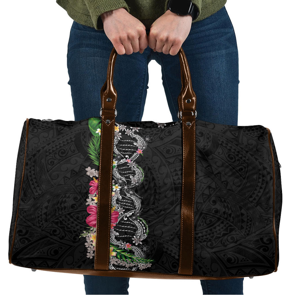 Hawaii DNA Kakau Tattoo Travel Bag with Plumeria and Hibiscus Tropical Plants Black Color LT03 Black - Polynesian Pride