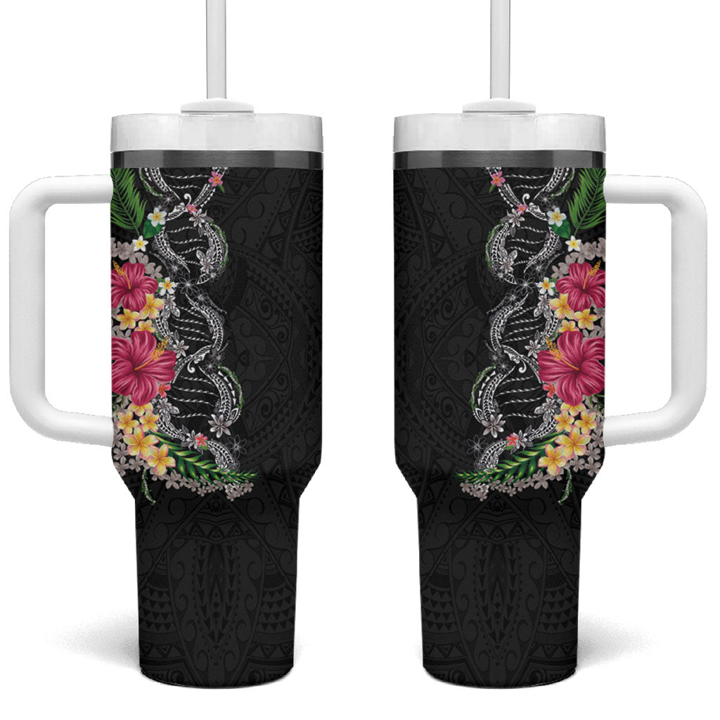 Hawaii DNA Kakau Tattoo Tumbler With Handle with Plumeria and Hibiscus Tropical Plants Black Color LT03 One Size: 40 oz Black - Polynesian Pride