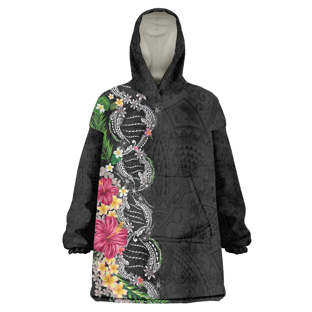 Hawaii DNA Kakau Tattoo Wearable Blanket Hoodie with Plumeria and Hibiscus Tropical Plants Black Color LT03 One Size Black - Polynesian Pride