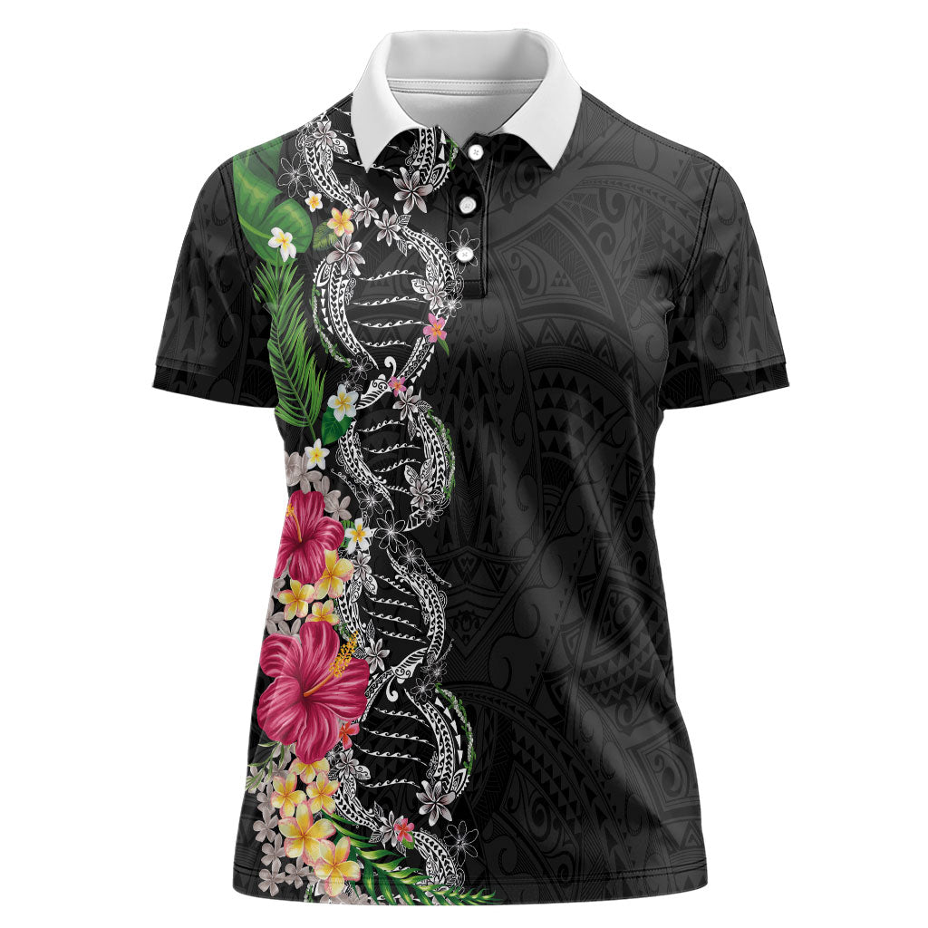 Hawaii DNA Kakau Tattoo Women Polo Shirt with Plumeria and Hibiscus Tropical Plants Black Color LT03 Female Black - Polynesian Pride