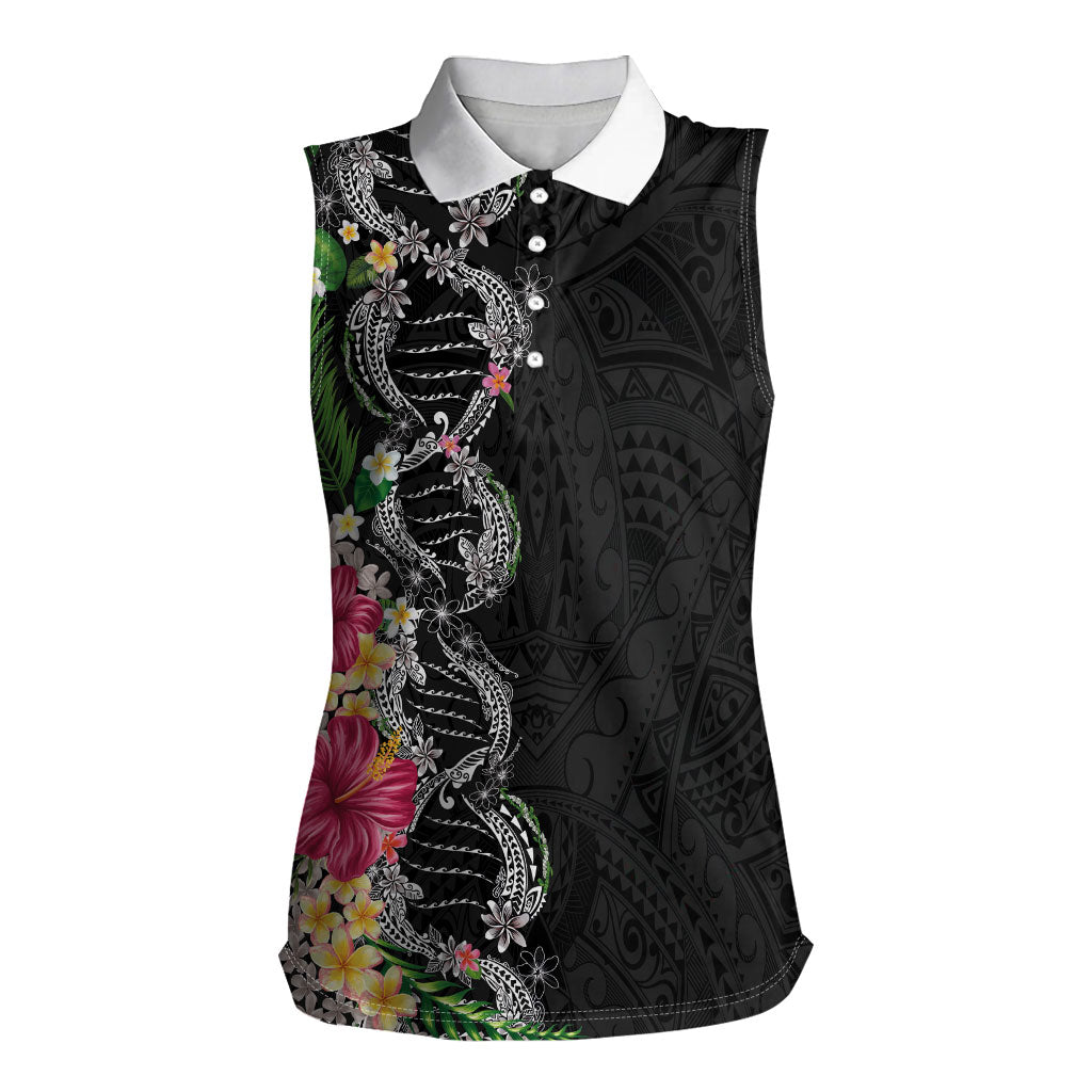 Hawaii DNA Kakau Tattoo Women Sleeveless Polo Shirt with Plumeria and Hibiscus Tropical Plants Black Color LT03 Female Black - Polynesian Pride