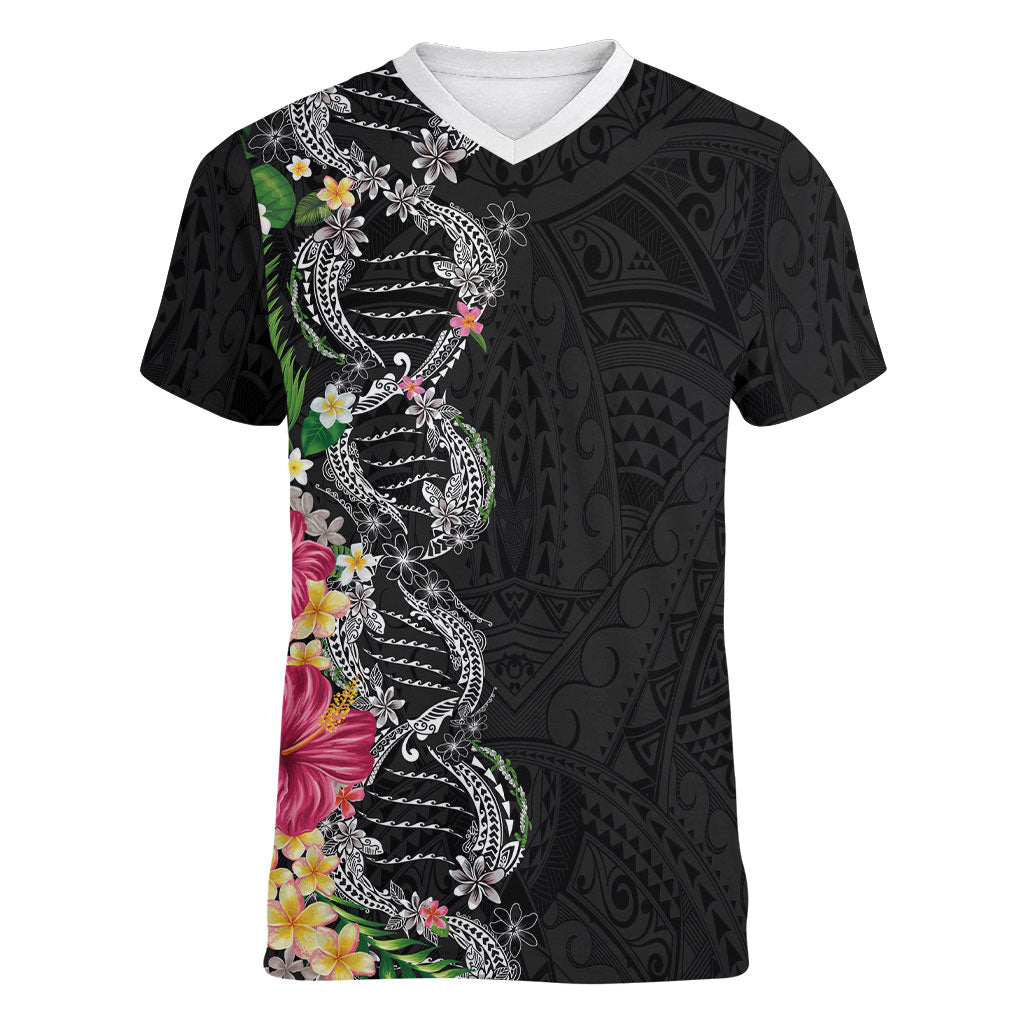 Hawaii DNA Kakau Tattoo Women V-Neck T-Shirt with Plumeria and Hibiscus Tropical Plants Black Color LT03 Female Black - Polynesian Pride