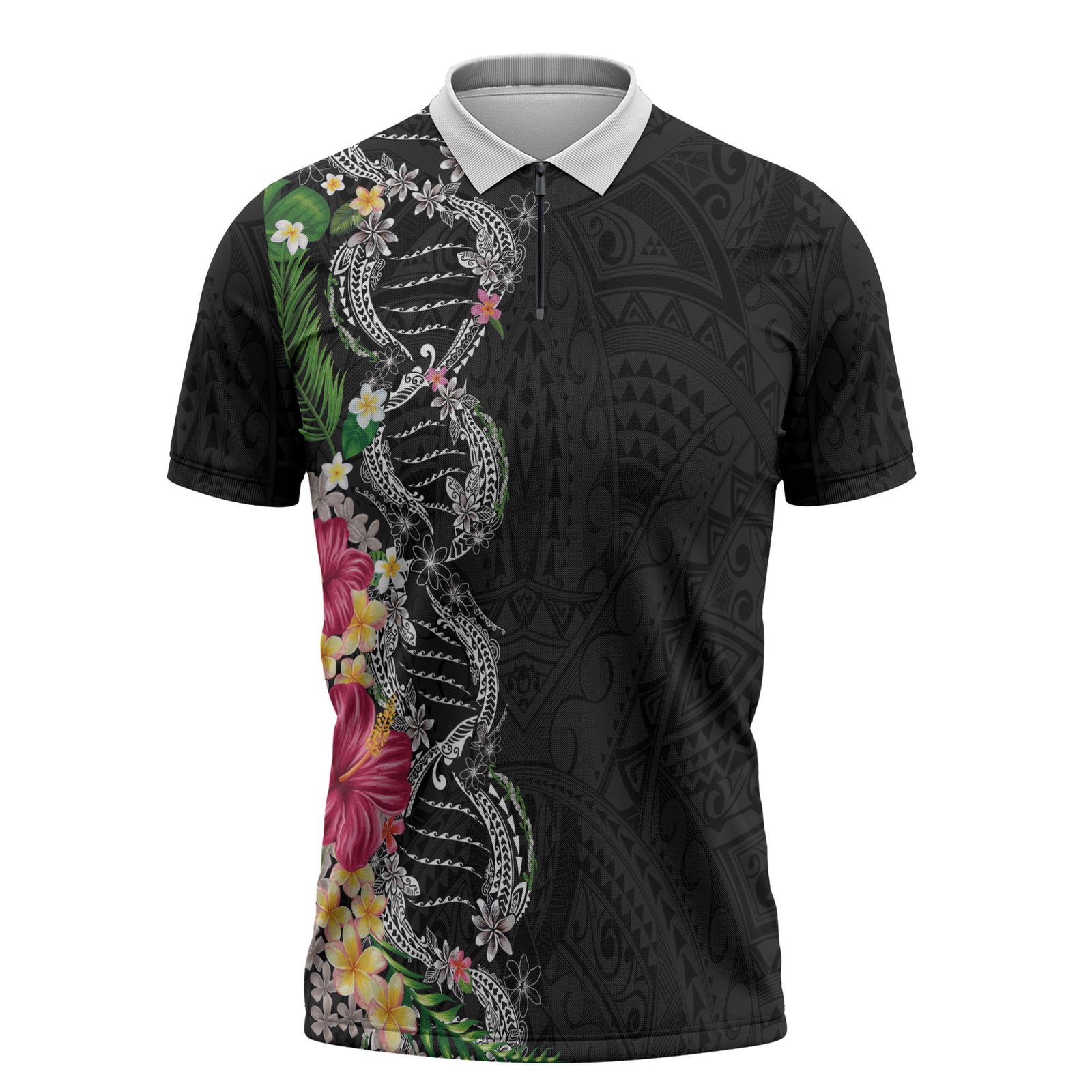 Hawaii DNA Kakau Tattoo Zipper Polo Shirt with Plumeria and Hibiscus Tropical Plants Black Color LT03 Black - Polynesian Pride