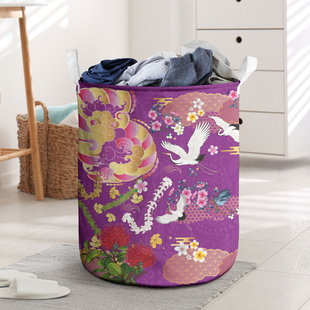 Hawaiian and Japanese Culture Together Laundry Basket Kakau Tribal Pattern and Irezumi Art Purple Color LT03 Purple - Polynesian Pride